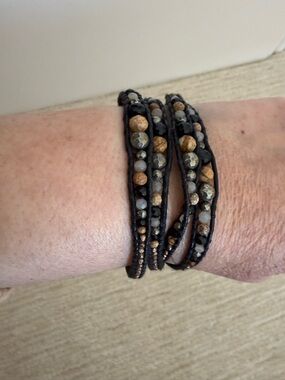 Chan Luu Black Leather Wrap Bracelet with Brown and Gray Beads